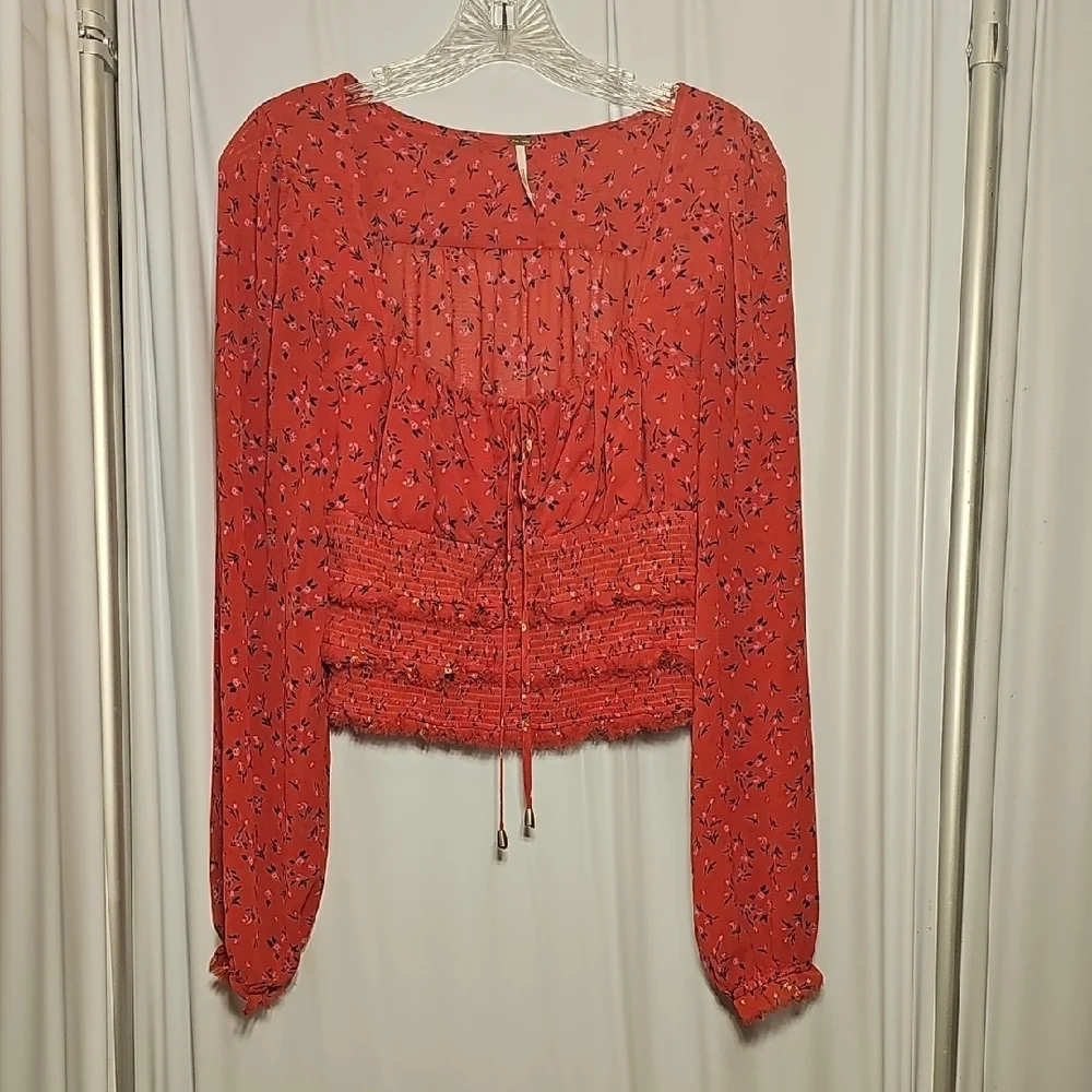 Free People Womens Tied Square Keyhole Neckline Red Floral Polyester Blouse M - Picture 1 of 8